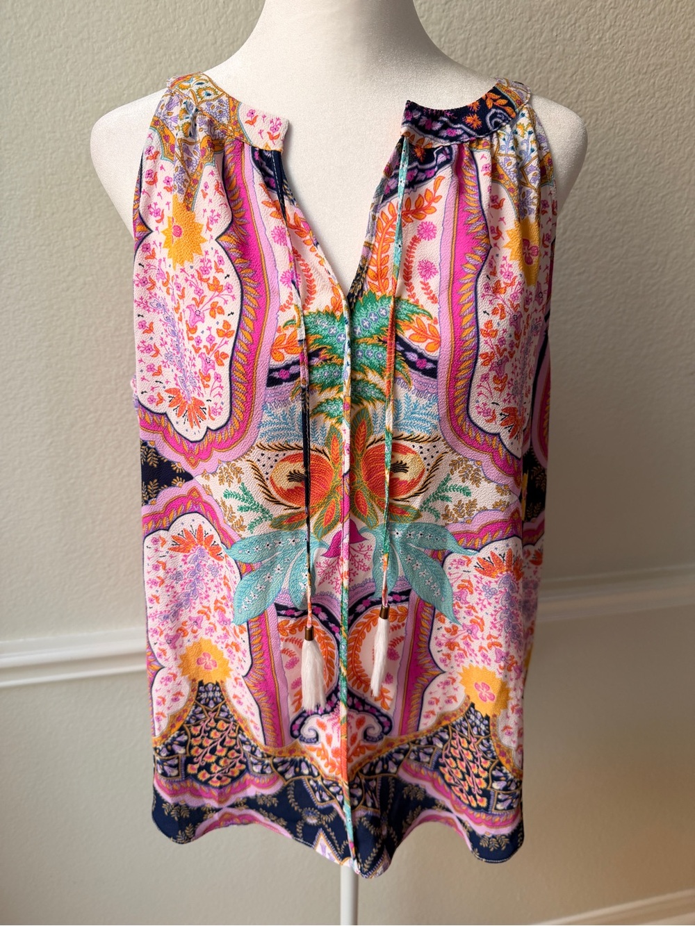 Rose + Olive Boho Paisley Border Print Tassel Tie Tank Top Large Resort Coastal - Picture 2 of 8